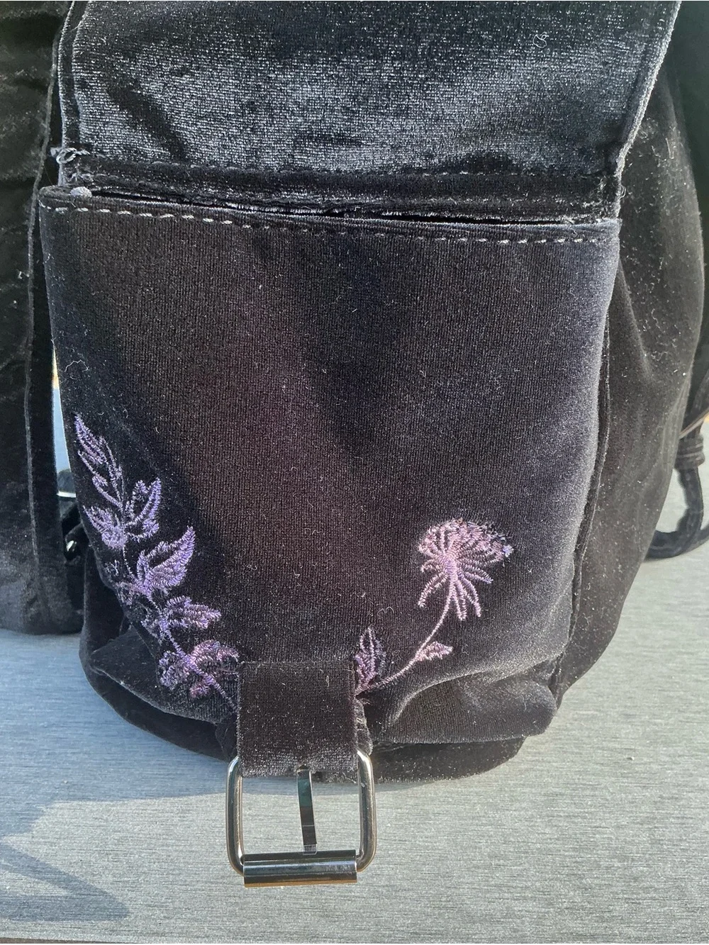 Disturbia Black Velvet Backpack with Lilac Moth / Butterfly Embroidery